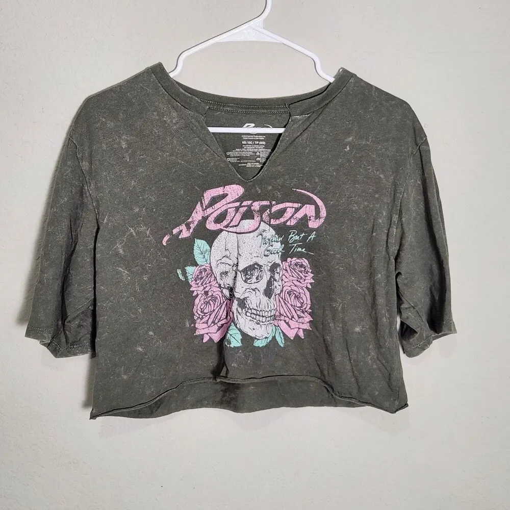 Poison Skull Rose Graphic Crop Top Tee Acid Wash Olive Green XS Rock Band Shirt
